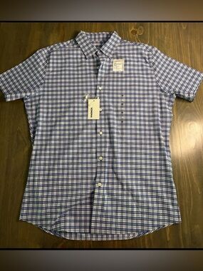 Men's Short Sleeve Sonoma Button Down Medium Performance Shirt Blue White Plaid